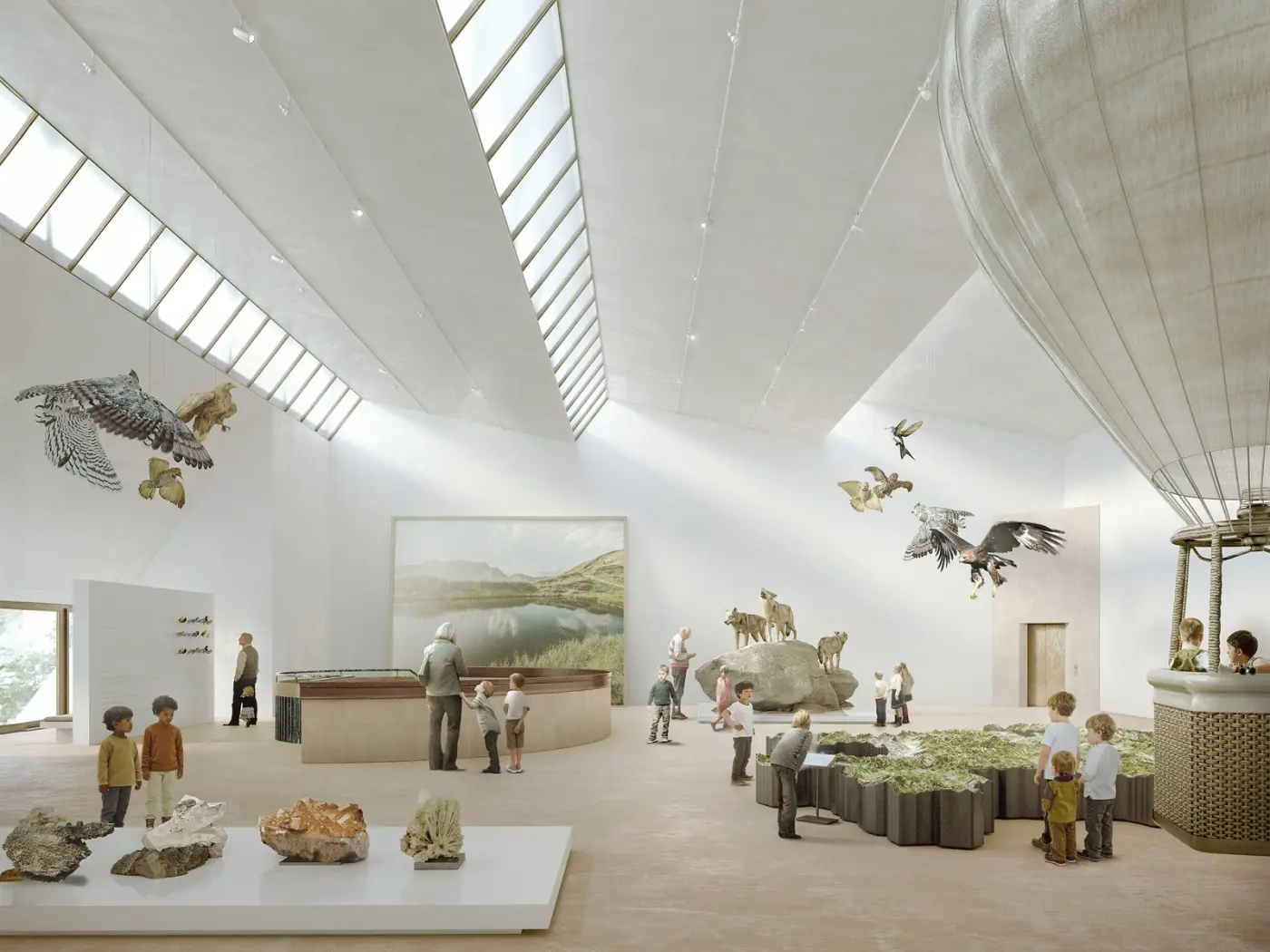 Interno di un museo con bambini e adulti che esplorano esposizioni. Animali fossili e a grandezza naturale sono appesi al soffitto. Un globo aerostatico è