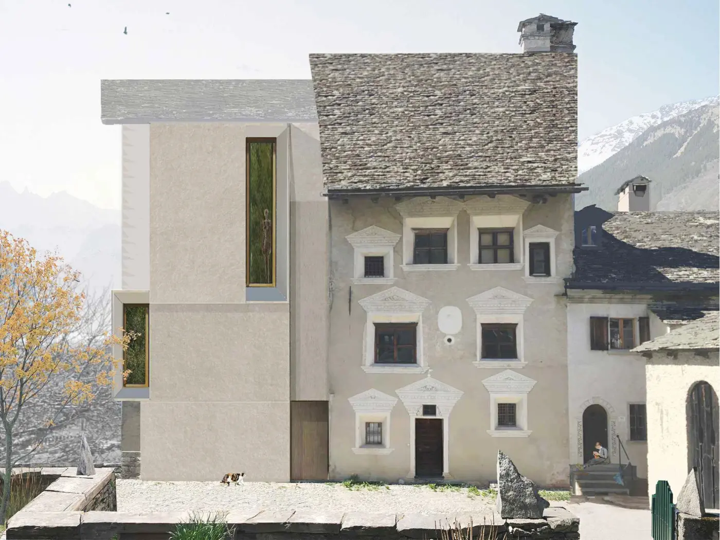 Casa storica con elementi moderni, caratterizzata da una facciata in pietra e una nuova aggiunta minimalista in muratura. Sullo sfondo si intravede un paes